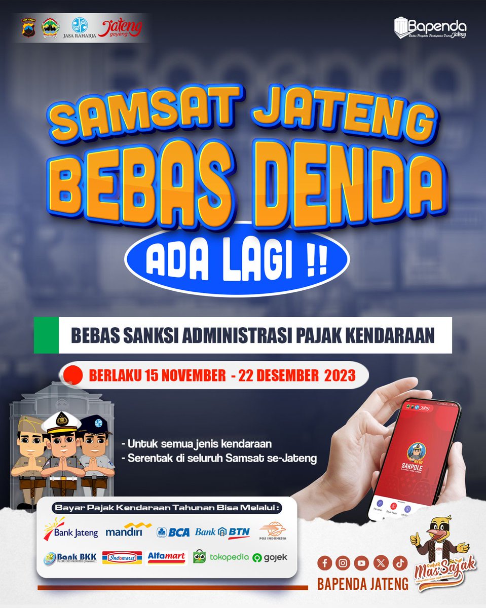 BEBAS SANKSI ADMINISTRASI PKB ADA LAGII 🥳

Berita gembira untuk Sedulur #MasSajak. Program pembebasan sanksi administrasi PKB di Jawa Tengah ada lagi nih mulai tanggal 15 November sd 22 Desember 2023. Yuk catat tanggalnya dan jangan lupa manfaatkan programnya 😊

#SamsatBoyolali