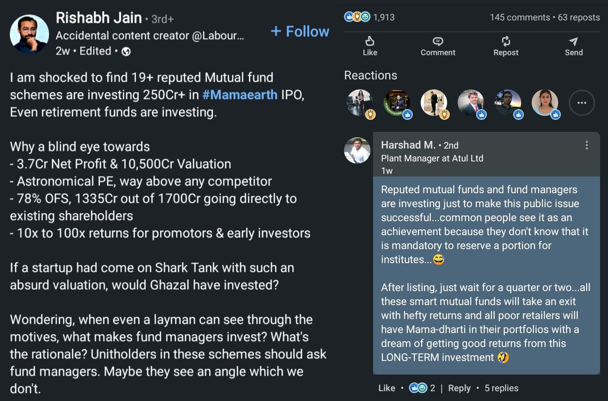Reputed #MutualFunds investing 250Cr+ in #MamaEarth #IPO, including #Retirement #Funds. If this were #SharkTank, would anyone invest in such an absurd #valuation? Why do #FundManagers invest despite apparent #RedFlags? #Investing #India linkedin.com/posts/rishsamj…