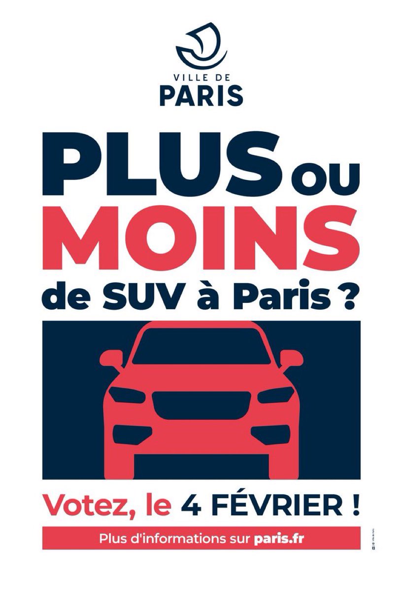 egregoire's tweet image. Ils polluent plus, pèsent plus lourd et sont plus dangereux pour les piétons et les cyclistes. Doivent-ils encore avoir leur place dans les rues de la capitale ?

C’est à vous de répondre à cette question le 4 février prochain. 

➡️ paris.fr/pages/plus-ou-…