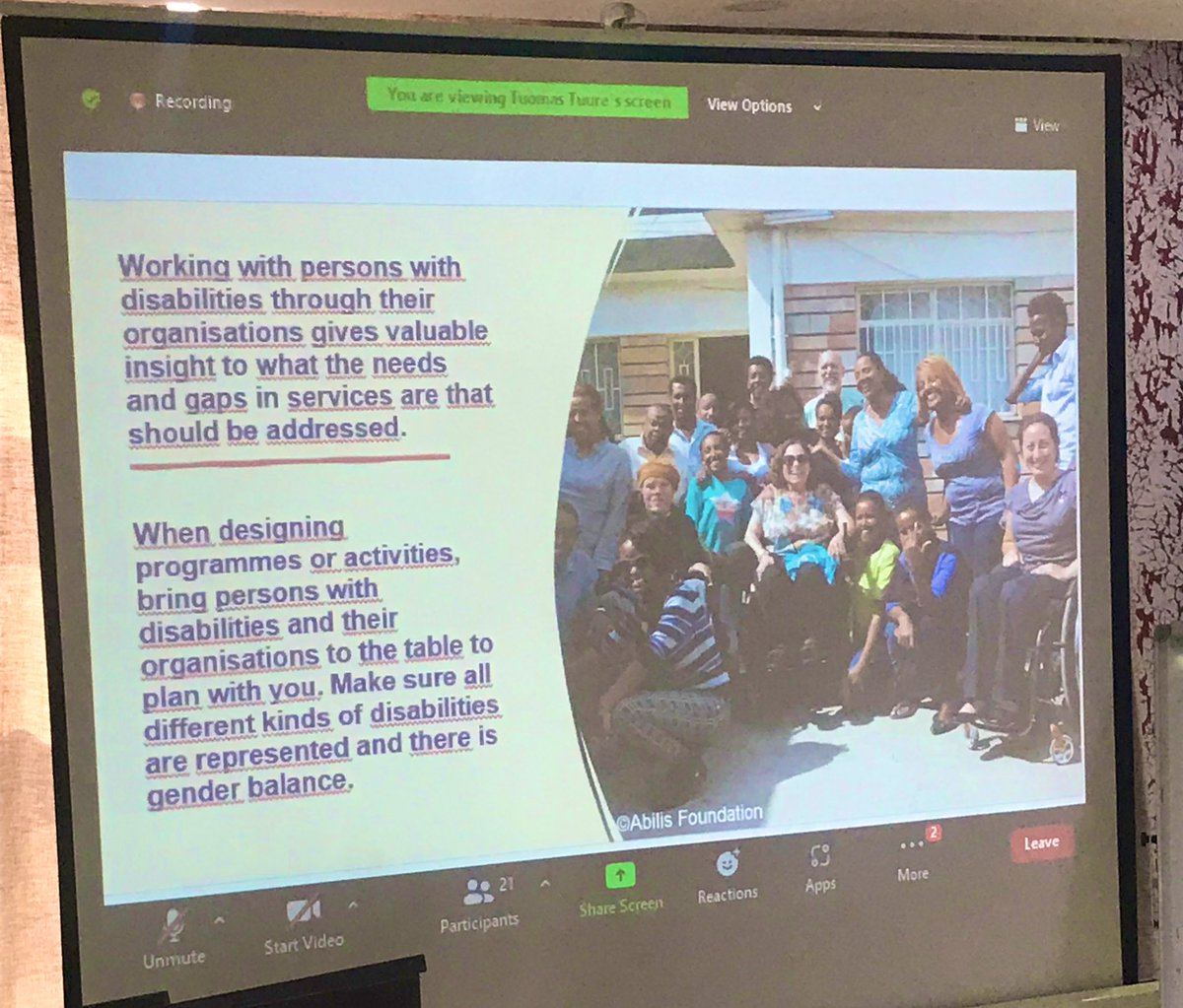 ivandosa_'s tweet photo. @UNAFinland Tomas Tuure shares a high-powered discussion on the overall objectives of disability inclusion where he dissects the UNCRPD article 1 and Rights of Person’s with Disabilities and the different approaches to attain the #InclusionofPWDs https://t.co/0E42onKrd2