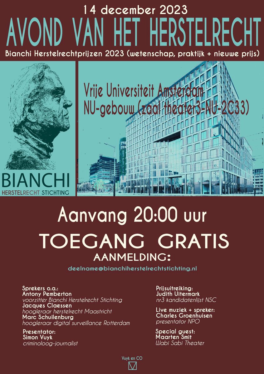 Slachtoffers en daders van misdrijven ontmoeten elkaar. 

Leve het herstelrecht! 

Van harte welkom op 14 december in Amsterdam. Geweldige sprekers. Muziek. Theaterregistratie. 

Toegang GRATIS. Svp aanmelden via deelname@bianchiherstelrechtstichting.nl