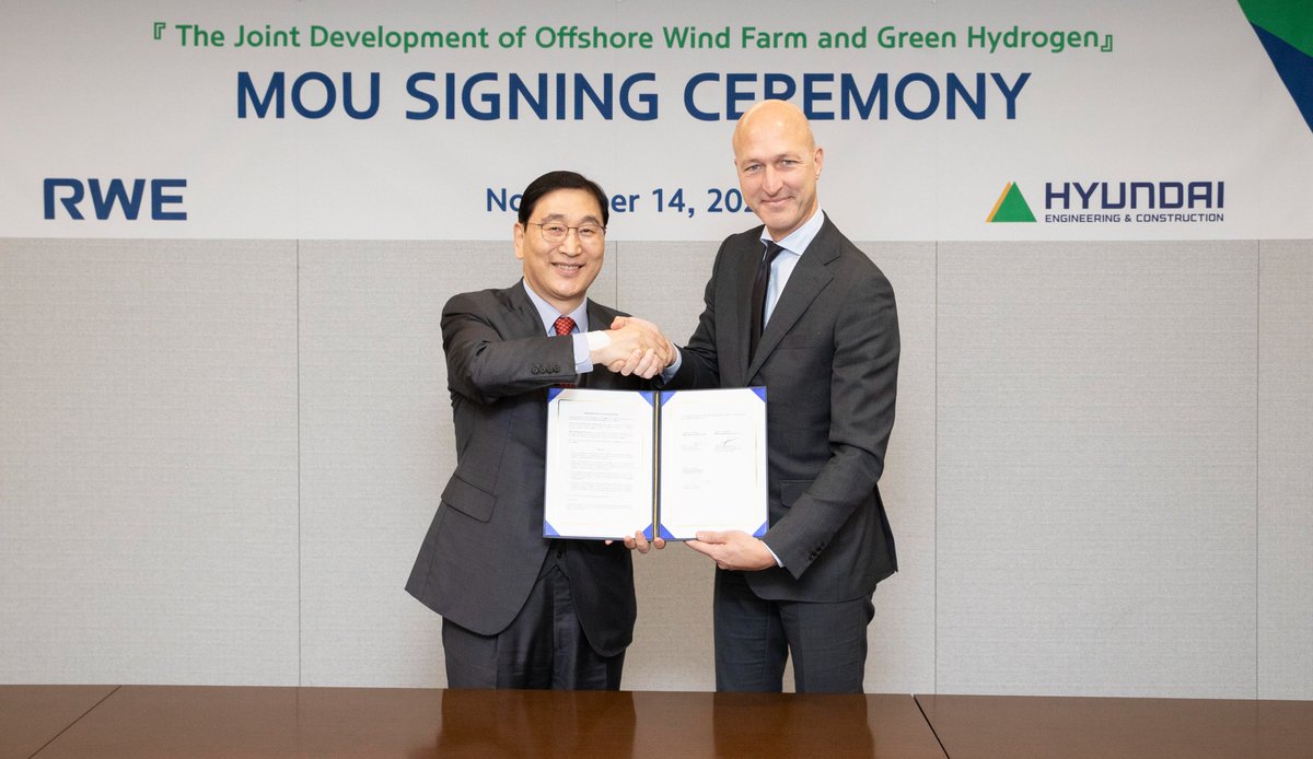 RWE and Hyundai Engineering & Construction signed a Memorandum of Understanding to jointly develop offshore wind in Korea. The partnership intends to contribute to the country’s aim of 24 GW capacity in offshore wind by 2036. rwe.com/en/press/rwe-o…