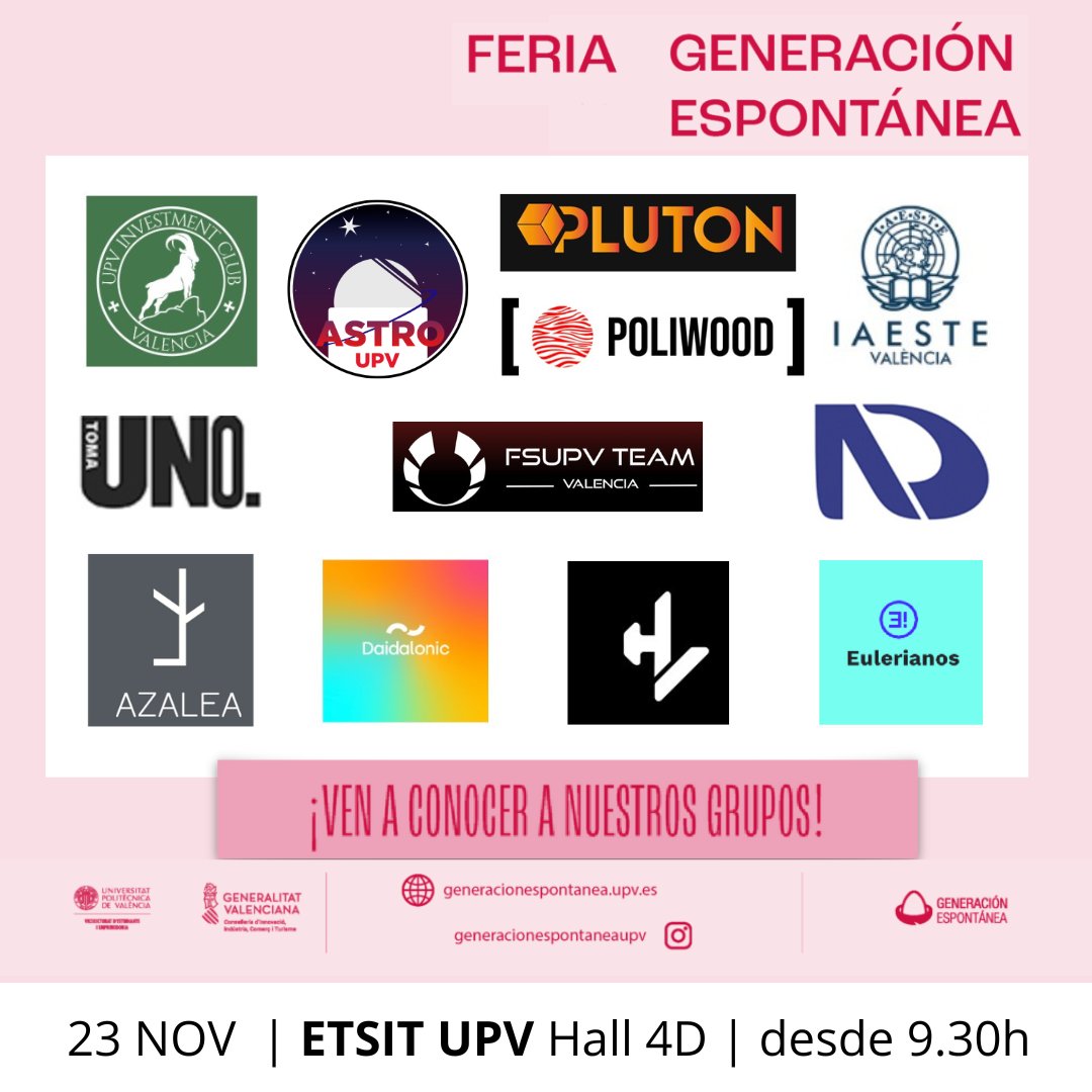 ETSIT-UPV Valencia (@telecoupv) on Twitter photo 🟠 23NOV, Feria de grupos de #GE🎡
👉 9:30 exposición de proyectos
👉 12:30, salón de actos 4D, evento para hacer preguntas
<a href="/Eulerianos314/">Eulerianos</a> #poliwood <a href="/daidalonic_upv/">Daidalonic</a> <a href="/azaleaupv/">Azalea UPV</a> <a href="/FSUPVteam/">FSUPV Team</a> <a href="/iaeste_valencia/">IAESTE Valencia</a> <a href="/TomaUnoUPV/">Toma Uno UPV</a> #pluton #investmentclub <a href="/hyperloopupv/">Hyperloop UPV</a> <a href="/asupvteam/">Aero Design UPV</a> <a href="/AstroUpv/">AstroUPV</a> 🟠 23NOV, Feria de grupos de #GE🎡
👉 9:30 exposición de proyectos
👉 12:30, salón de actos 4D, evento para hacer preguntas
<a href="/Eulerianos314/">Eulerianos</a> #poliwood <a href="/daidalonic_upv/">Daidalonic</a> <a href="/azaleaupv/">Azalea UPV</a> <a href="/FSUPVteam/">FSUPV Team</a> <a href="/iaeste_valencia/">IAESTE Valencia</a> <a href="/TomaUnoUPV/">Toma Uno UPV</a> #pluton #investmentclub <a href="/hyperloopupv/">Hyperloop UPV</a> <a href="/asupvteam/">Aero Design UPV</a> <a href="/AstroUpv/">AstroUPV</a>