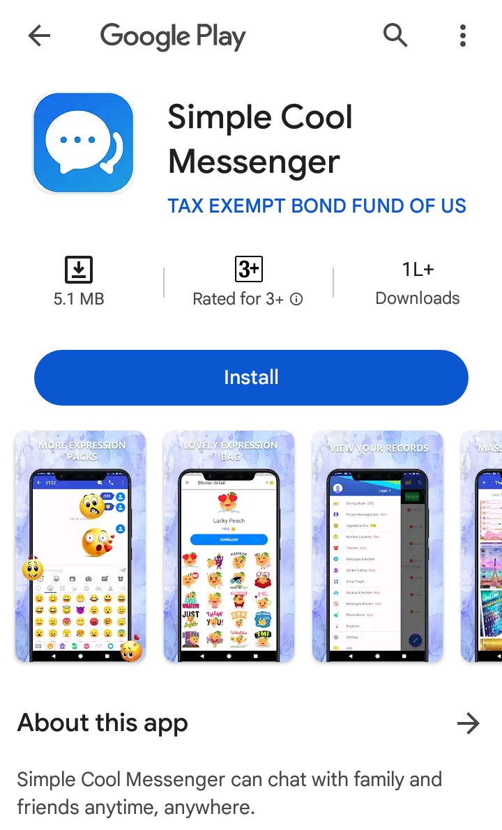 SecneurX's tweet photo. We detected more #Malicious #Joker #apps on
@GooglePlay @GooglePlayBiz

Joker on Google play
With 100,000+downloads
https://t.co/REVZfgiCjz
App Name - Simple Cool Messenger

#Trojan #Malware #Joker #playstore  #cybersecurity #ThreatHunting #infosec #Android https://t.co/1PDKO4W1UU