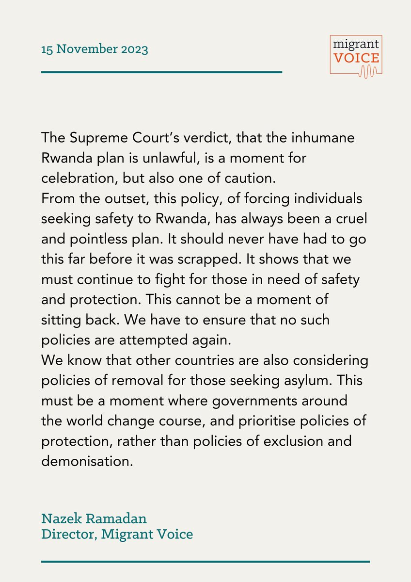 🚨#Rwanda policy found unlawful🚨 This was a policy which, legality aside, should never have even been suggested, let alone going this far. This must be the end of policies which put vulnerable people at more risk, and in more fear. We need policies which focus on protection.