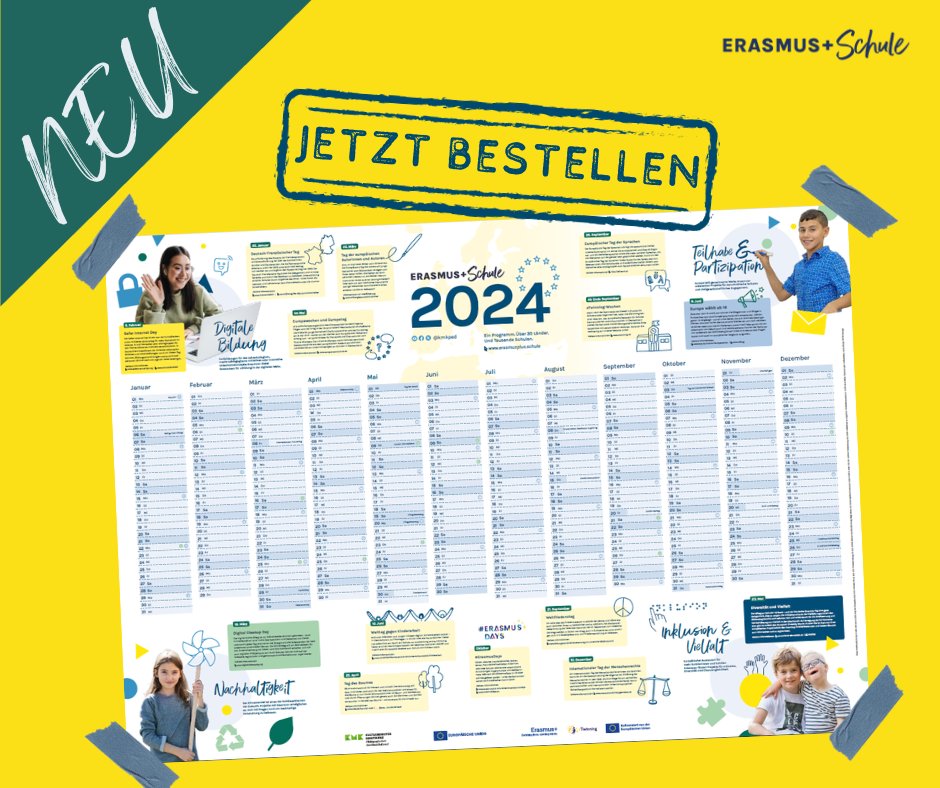 eTwinning_DE's tweet photo. 📢 Der beliebte Jahresplaner des @kmkpad für 2024 ist da! Der Kalender informiert über Termine und Aktionstage rund um die Themen #Europa und #Schulaustausch und schmückt jedes Klassen- oder Lehrerzimmer. 
📨 Hier kostenfrei bestellen: https://t.co/Pvj0yEIY5C 
#twlz #Erasmusplus https://t.co/k8rb3tVXer