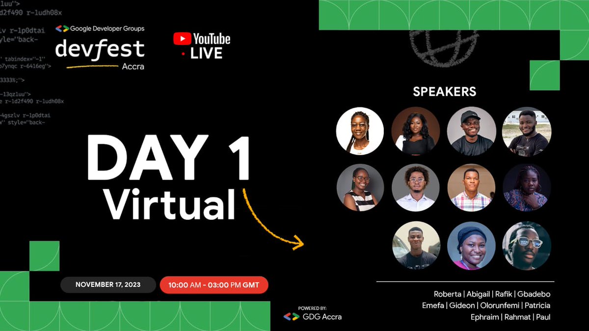 Hello <a href="/X/">X</a> , I am happy to share that I will be a live session moderator during #DevFest Accra organized by <a href="/GDGAccra/">GDG Accra | #DevFestAccra</a> . Join me this  Friday 17th, November 2023 from 10:00 AM
DevFest Accra Day 1 Live session's link: lnkd.in/ebQbGCM3

<a href="/kojo_shaddy/">Shadrack Inusah</a>  <a href="/wtmaccra/">WTM Accra</a>  <a href="/googleafrica/">Google in Africa</a>