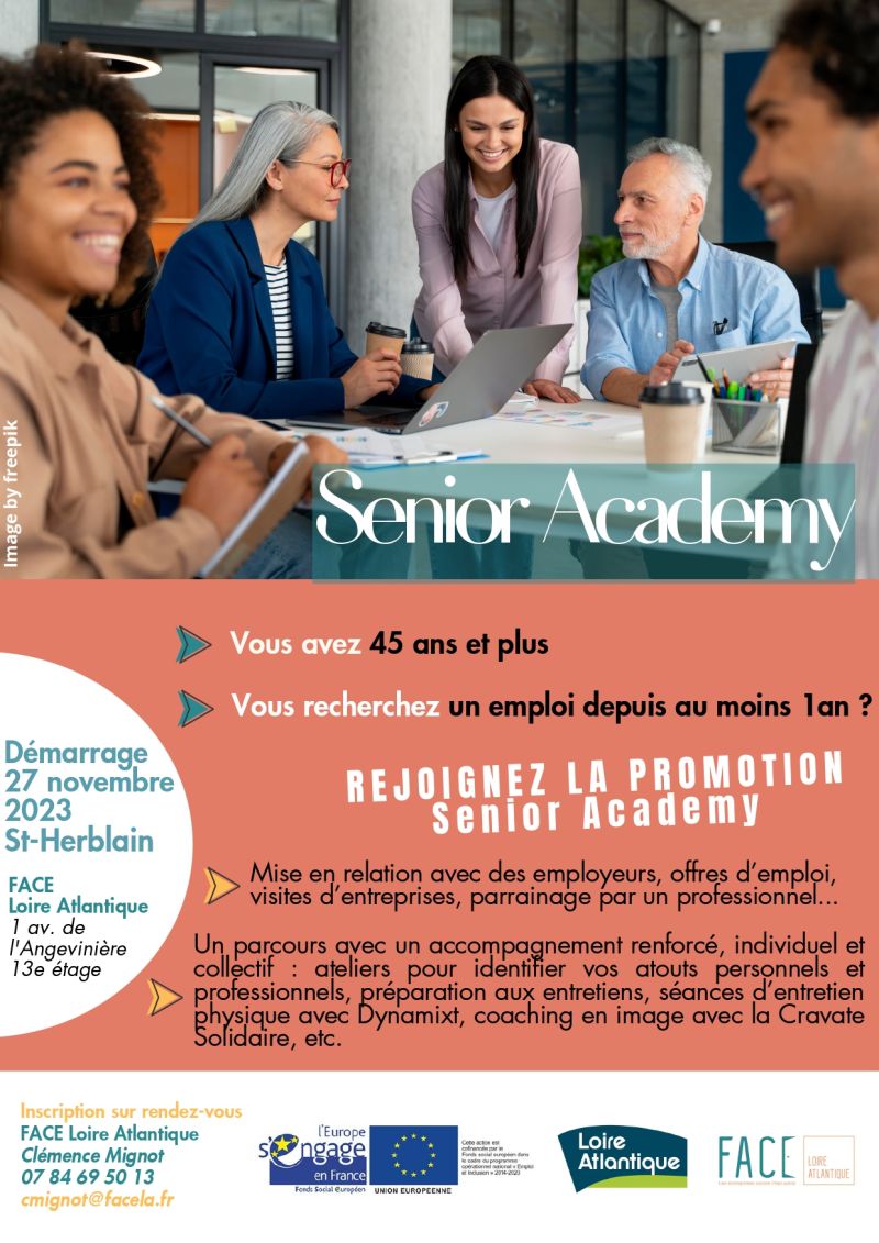 Vous avez + 45 ans et êtes en recherche d'emploi depuis + 1 an ? Rejoignez la Job Academy de <a href="/FondationFACE44/">FACE 44</a>  ! 😉 
 📅 Démarrage des ateliers  27 nov à <a href="/saintherblain/">Ville de Saint-Herblain</a> 
 On  vous propose un accompagnement sur mesure, des contacts entreprises, parrainage...
 👉cmignot@facela.fr