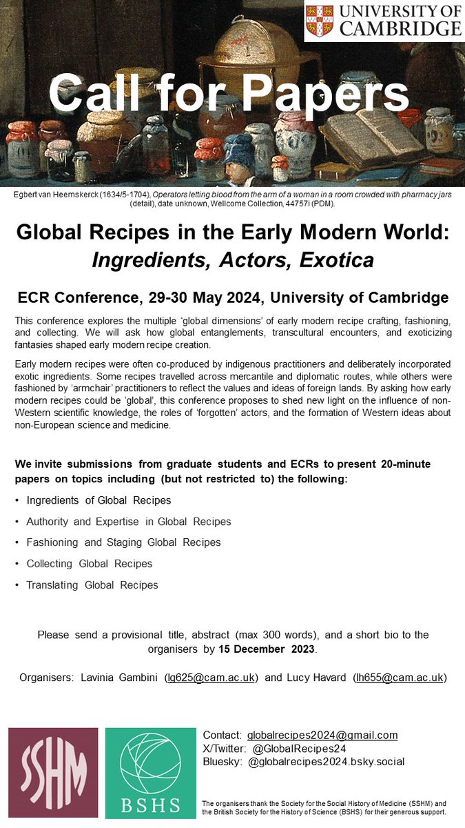 GlobalRecipes24's tweet photo. 📢CFP! #twitterhistorians
We are thrilled to release our CFP for an ECR conference dedicated to 'Global Recipes in the EM World' (support: @SSHMedicine and @BSHSNews)!

If you are a PG/ECR working on any aspect of EM global recipe-making, don't forget to apply by 15 December!
👇 https://t.co/gXDSAlivmM