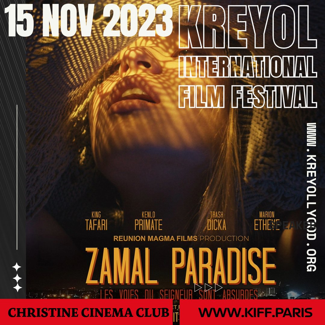 A_DeSaintJohns's tweet photo. #kreyollywood  @ChTaubira  @PCHAMOISEAU @Kiffkreyolywood  @kalash972 @Misie_Sadik @CTM_Martinique @SergeLetchimy @kreyollywood

C'est aujourd'hui 15 novembre 2023, à 19h30 la projection de #zamalparadise en présence du réalisateur !

Billetterie ouverte
https://t.co/GZKuHxHoLE

🎬✨ Première Édition du Kréyol International Film Festival (KIFF)
📽 🎞 Découvrez des films bouleversants, au #Pariscinemaclub qui s'illumine aux couleurs du cinéma créole !

A partir du15 novembre 2023 rejoignez nous

🎬 🚦 Séance 1

15/11/2023 : ZAMAL PARADISE du réalisateur  DKpit K Dick / La Réunion / VO créole sous titré français

#kreyolinternationalfilmfestival #cinema #fest #kiff #wekiffit #yeswekiffit #festival #creole #kreol #kreyol #kryolo #movie #film #louisiana #martinique #guadeloupe #guyane #seychelles #lareunion #caboverde #womanpower #culture #paris #france #world #regionscapi #outremer #ultramarins