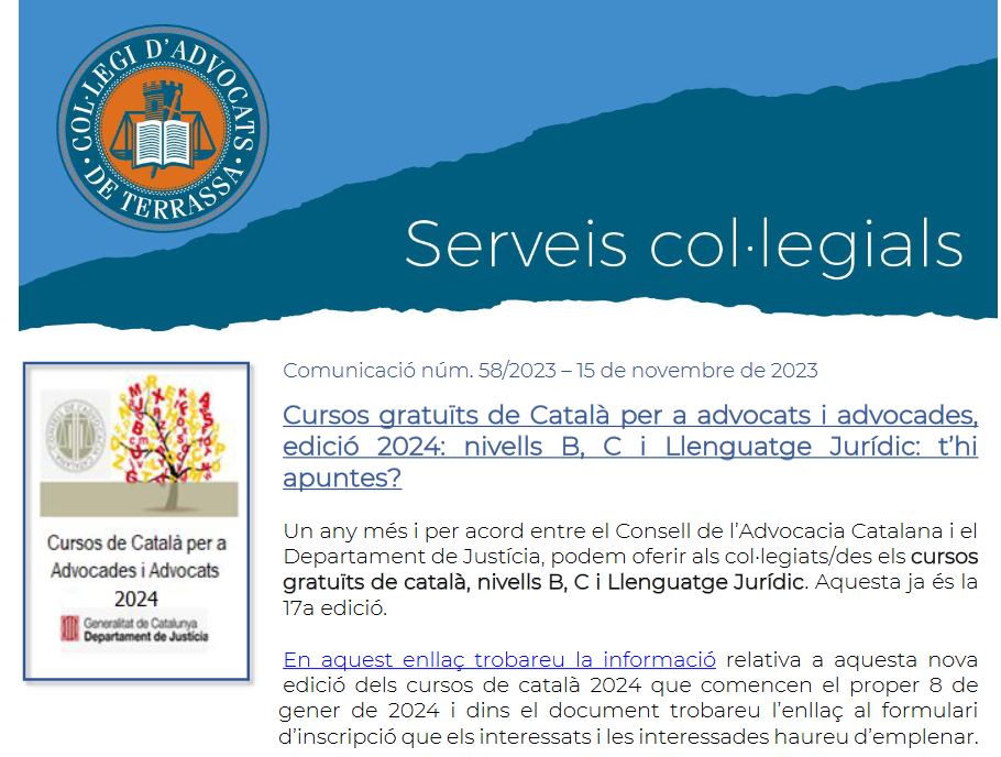 Cursos de Català per a advocats i advocades, ed 2024, organitzats per @conselladvocat i @justiciacat, ja us hi podeu inscriure! Trobareu tota la info a la Comunicació ICATER 58/2023 que us hem enviat avui a tots els i les membres @ICATERadvocats i o aquí: icater.org/pdfs/CircInf/C…