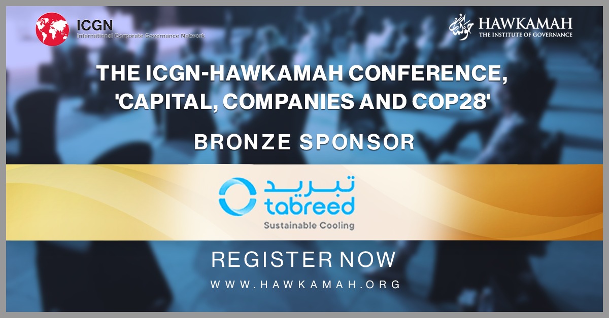 Hawkamah's tweet image. Introducing @Tabreed as a Bronze Sponsor for the ICGN-Hawkamah Dubai Conference: &apos;Capital, Companies, and COP28&apos; (Nov 28-29, 2023)

Tabreed&apos;s dedication to corporate governance and sustainability is truly commendable. 

#Sustainability #COP28 #ConferenceSponsor #Tabreed