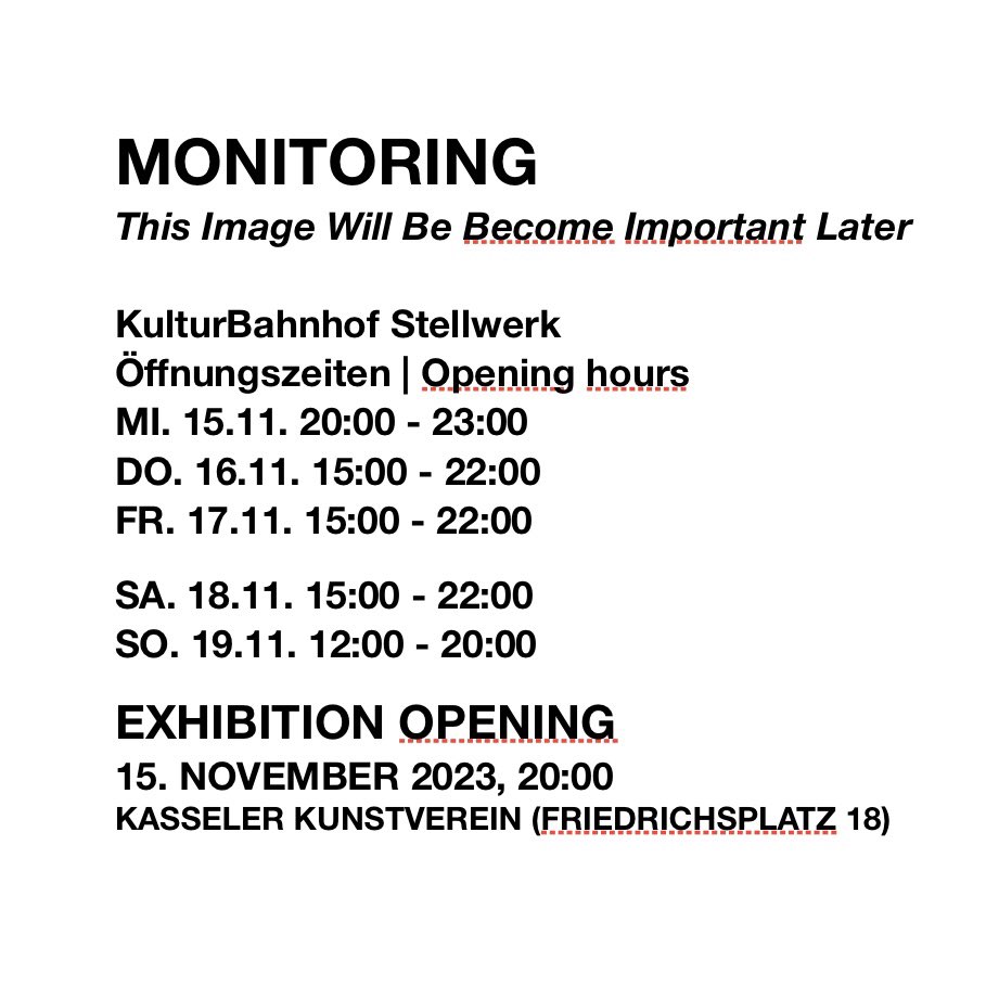 Kasseler Dokfest
MONITORING 
Opening Today 20.00
Kulturbahnhof Stellwerk

with <a href="/thedanielfranke/">Daniel Franke</a> <a href="/ks_kunstverein/">Kasseler Kunstverein</a>