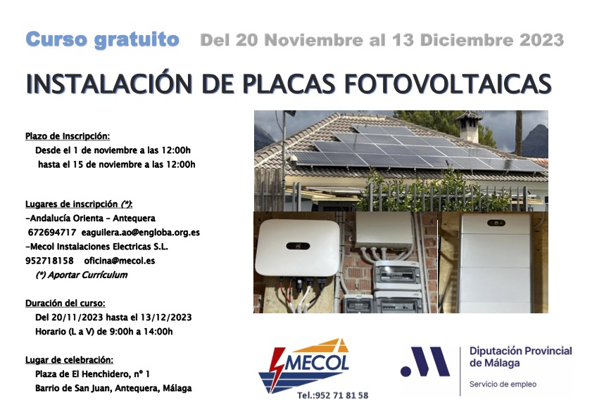 empleaMLG's tweet photo. ¿Quieres formarte en Placas Fotovoltaicas?
Apúntate a nuestro Curso gratuito de Instalación de Placas Fotovoltaicas que se desarrollará en Antequera del 20 de Noviembre al 13 de Diciembre.
#cursos #formacion #energiasolar #placasolar #placasfotovotaicas https://t.co/AtJnLj9dmW