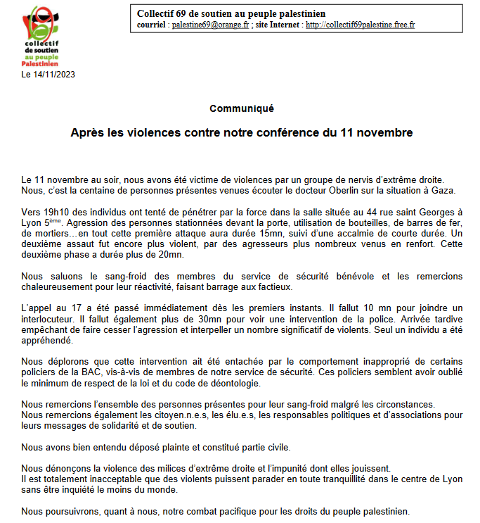 Communiqué du Collectif 69 de soutien au peuple palestinien, après les violences de factieux d’extrême droits contre leur conférence du 11 novembre à Lyon