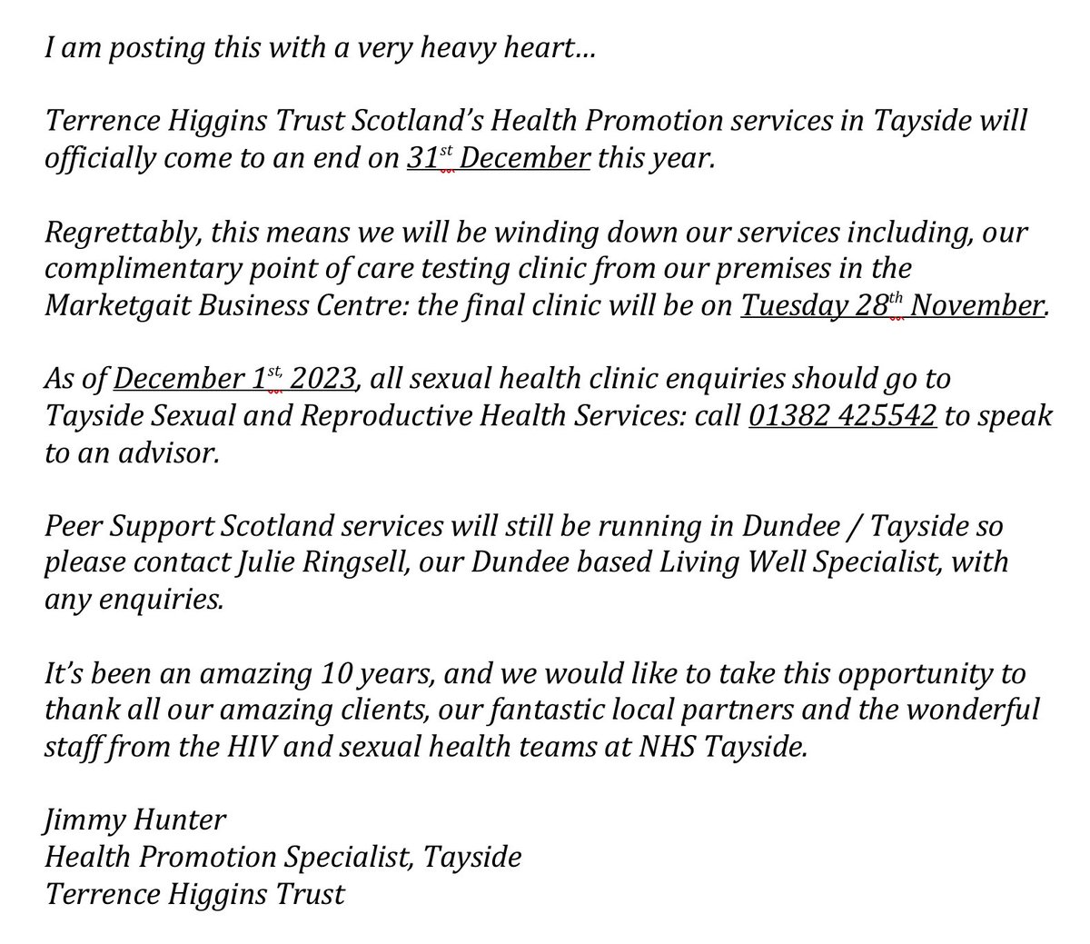 MenOnlyTayside's tweet photo. Terrence Higgins Trust Scotland’s Health Promotion services in Tayside will end on 31st December this year… https://t.co/V5BJ4VpDcZ
