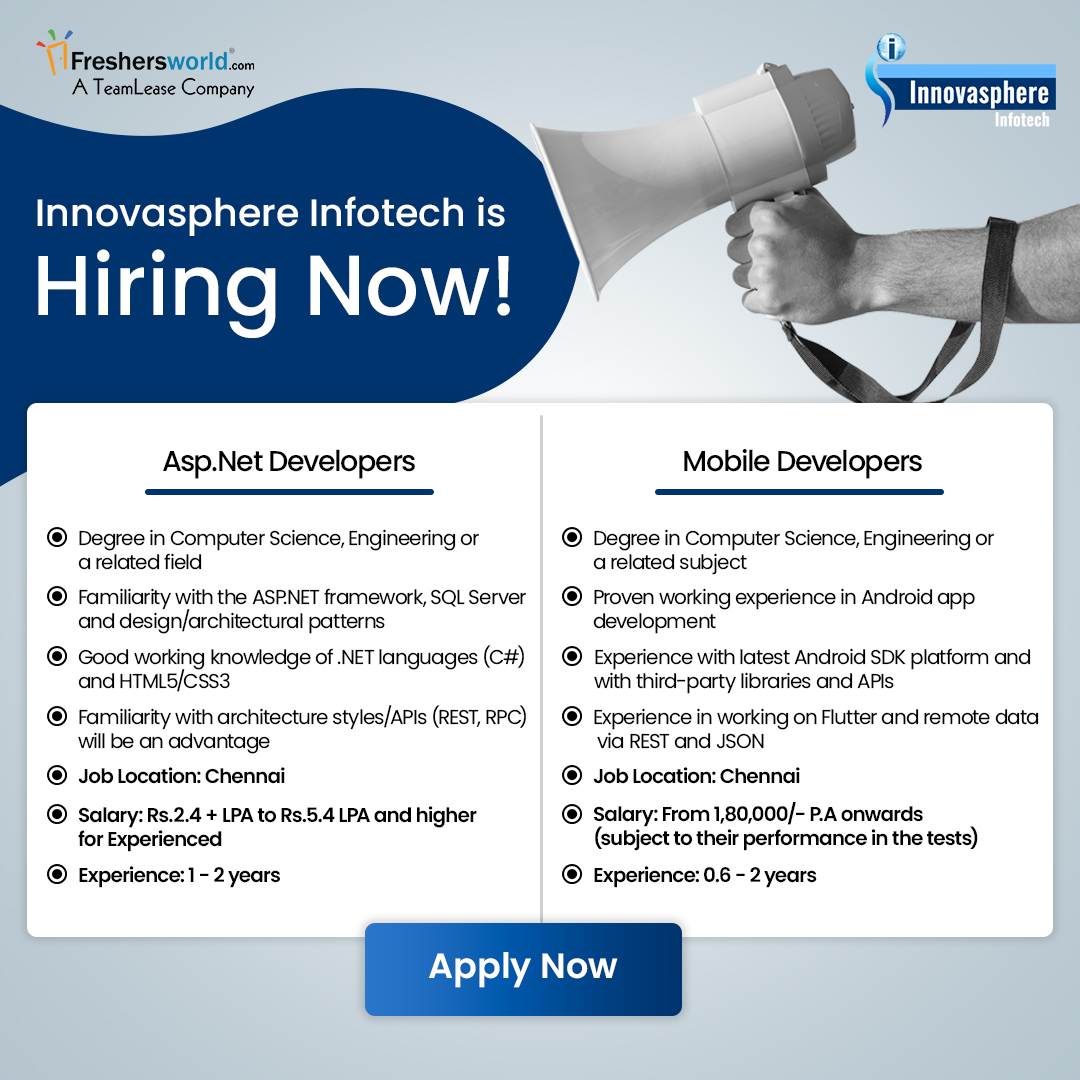 Freshersworld's tweet image. Innovasphere Infotech is hiring for the roles of Asp.Net Developers & Mobile Developers
Apply Here: forms.gle/Zuw5AKf58gcM27…
Follow Freshersworld.com for the latest job updates
#aspdotnetdeveloper #mobiledeveloper #chennaijobs #graduatejob #tamilnadujobs