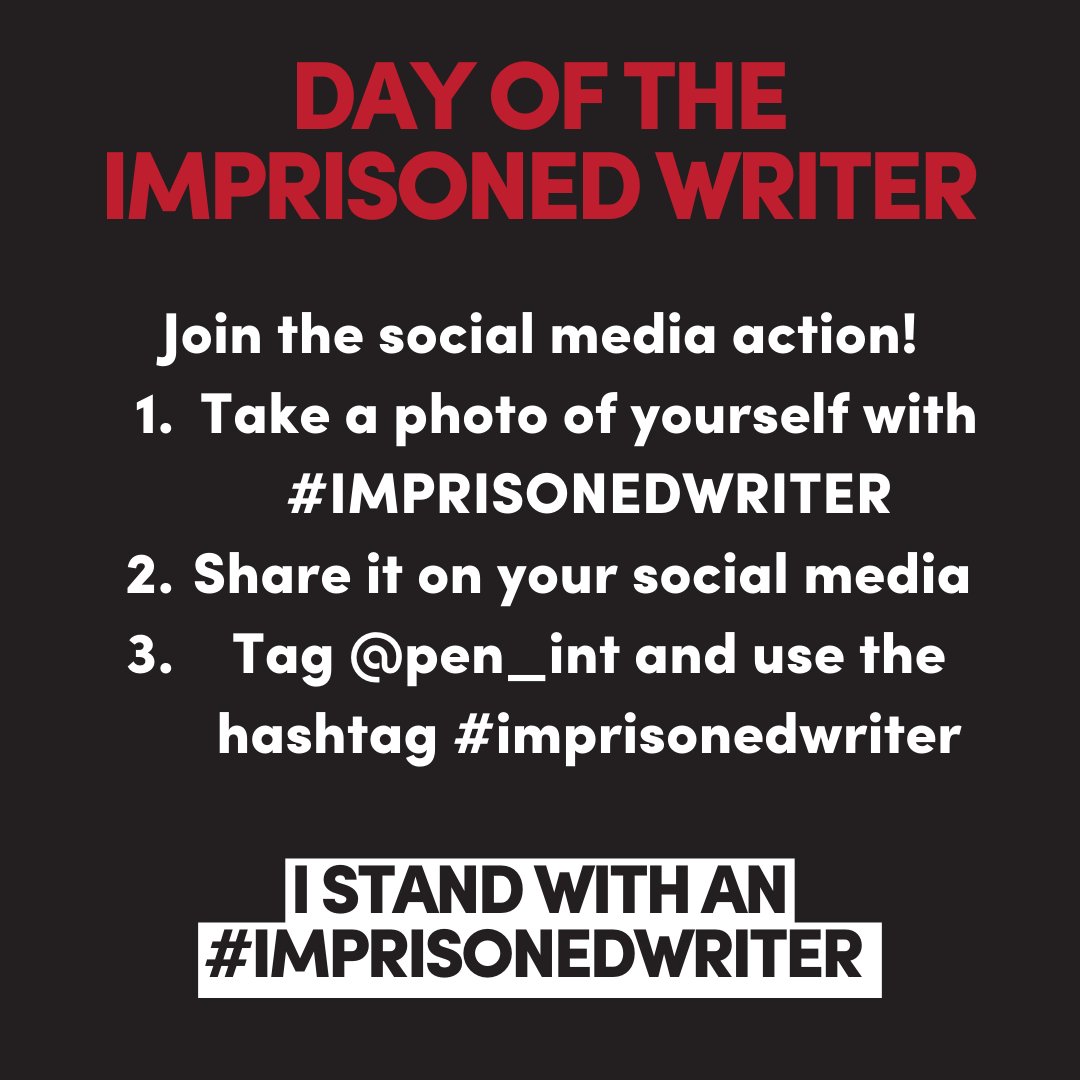 PEN International (@pen_int) on Twitter photo 1/4: Join our 1-day campaign! Today only, take an image of yourself with the word #IMPRISONEDWRITER and share online, tagging <a href="/pen_int/">PEN International</a>, <a href="/Pen_mena/">PEN MENA</a>, and <a href="/PEN_LAC/">PEN International - Las Américas y el Caribe</a>, and using the hashtag #ImprisonedWriter. 1/4: Join our 1-day campaign! Today only, take an image of yourself with the word #IMPRISONEDWRITER and share online, tagging <a href="/pen_int/">PEN International</a>, <a href="/Pen_mena/">PEN MENA</a>, and <a href="/PEN_LAC/">PEN International - Las Américas y el Caribe</a>, and using the hashtag #ImprisonedWriter.