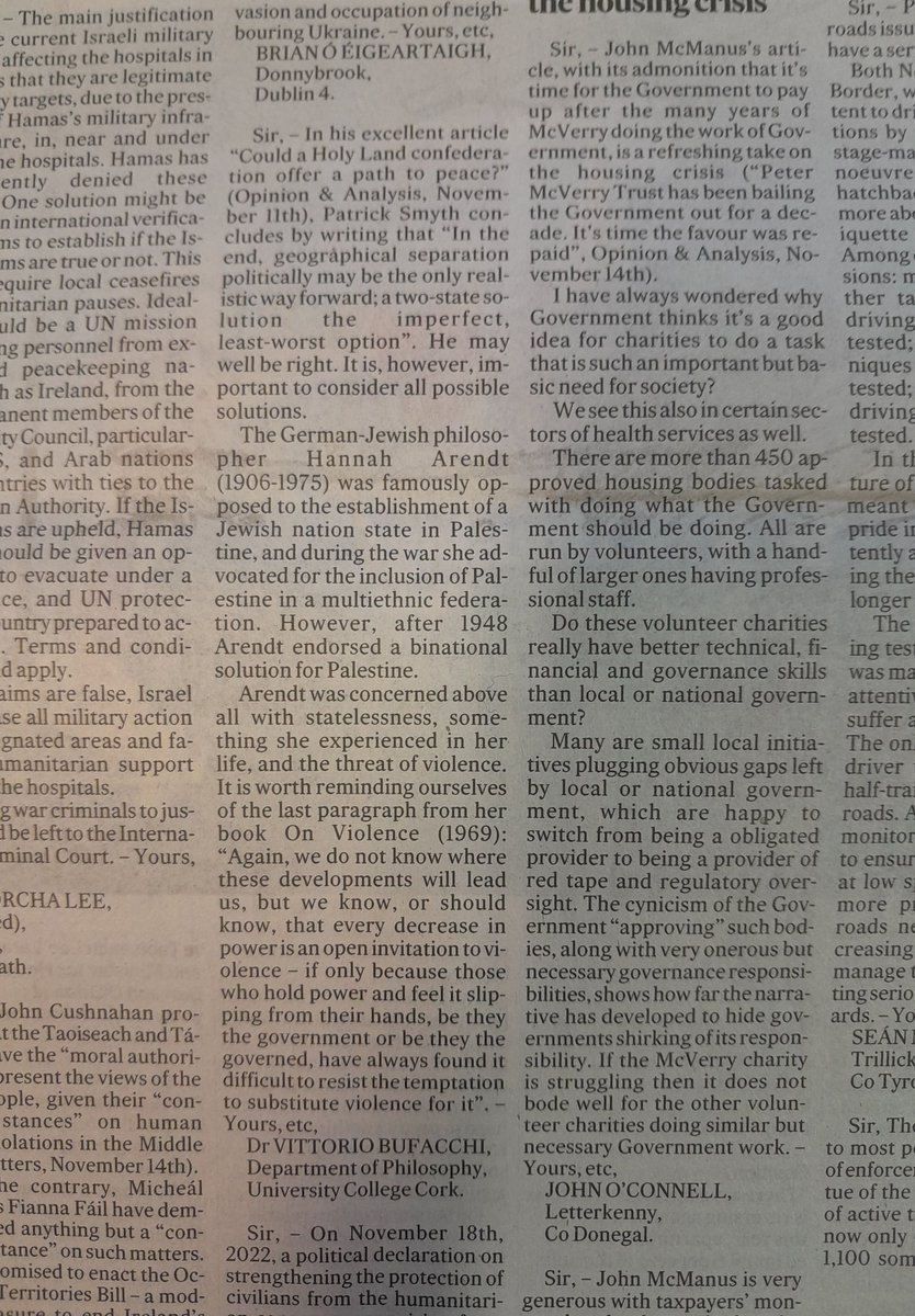 My letter in the Irish Times today on the Israel-Palestine conflict, and Hannah Arendt on violence. <a href="/labour/">The Labour Party Ireland</a>