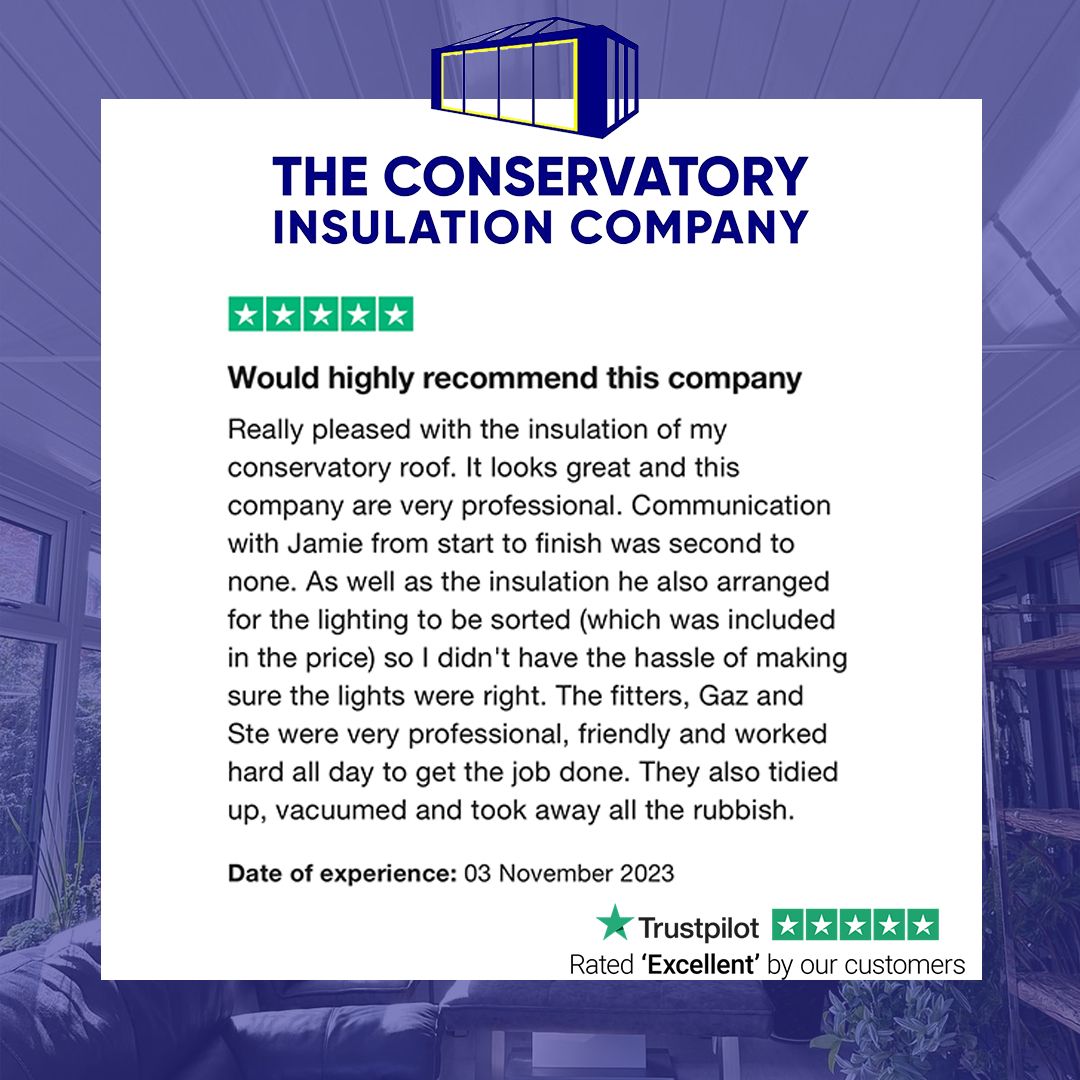 Warm reviews and cozy vibes! 🌟 

Our recent conservatory insulation job just snagged a perfect 5-star rating on TrustPilot. 

Book your spot before Christmas to ensure a snug and festive celebration! 🎄✨ 

#FiveStarInsulation #BookNow #CozyChristmas