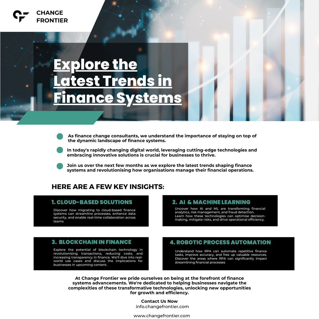 ChangeFrontier's tweet photo. 📈 Stay Ahead of the Game in Finance! 🌐 Explore the latest trends shaping the financial landscape with us. From Cloud-Based Solutions to AI, Blockchain, and RPA, we've got it all covered. 

#FinanceSystems #DigitalTransformation #FinancialTechnology #ChangeFrontier https://t.co/4wkFBhRYGb