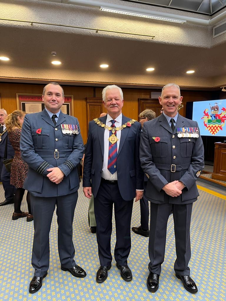 The last formal civic engagement for CO TSW Wing Cdr Jon Smith who will be moving on promotion to Gp Capt and Wing WO Kev Wynn who will be retiring next year after 35 years service. Pictured here with the Mayor of Stafford, Cllr Andy Cooper. @RAFSC_TSWAssn @StaffordshireCC