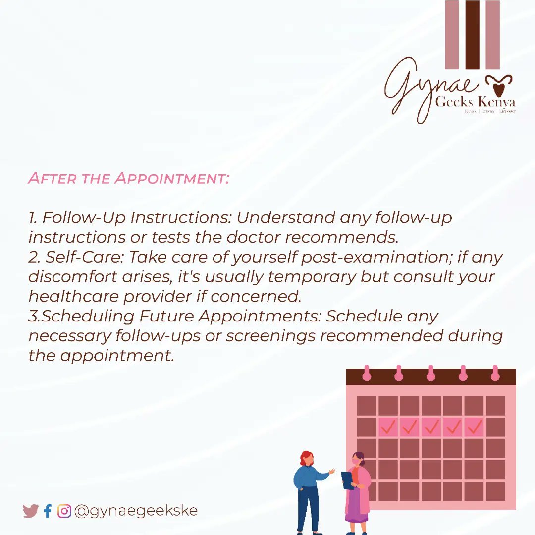 GynaegeeksKenya's tweet photo. Ladies, taking charge of your health is essential! Preparing for your first gynecology visit? Check out these practical steps to make it a smooth journey. #WomensHealth #SelfCare https://t.co/VuUDcTyIZs