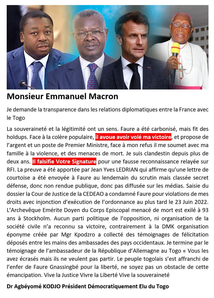 #Togo SCANDALE DIPLOMATIQUE 
Si vous connaissez l’histoire socio politique du Togo vous n’auriez pas fermé les yeux sur la falsification de votre signature pour une fausse reconnaissance et maintenir le peuple dans l’esclavage.Panafricains mobilisons.
<a href="/ONU_fr/">Nations Unies (ONU)</a>
<a href="/francediplo/">France Diplomatie 🇫🇷🇪🇺</a>