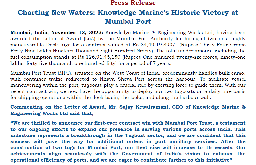KnowledgeMarin1's tweet photo. Glad to announce our first project with the #Mumbai Port Trust, a contract worth Rs. 34 crores. 
#KMEW
#KnowledgeMarine

Also, wishing good luck to our #TeamIndia 🇮🇳 for the semifinal match today.
 #INDvsNZ 
#India https://t.co/elTn4vTZh9