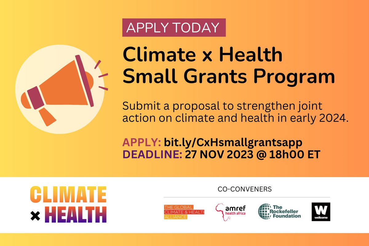 New funding opportunity alert!

Are you a non-profit working in the #climatechange and health space?

We are excited to announce a new funding opportunity through our Climate x Health initiative – a partnership of <a href="/Amref_Worldwide/">Amref Health Africa</a>, <a href="/wellcometrust/">Wellcome</a>, @rockefellerfdn, and