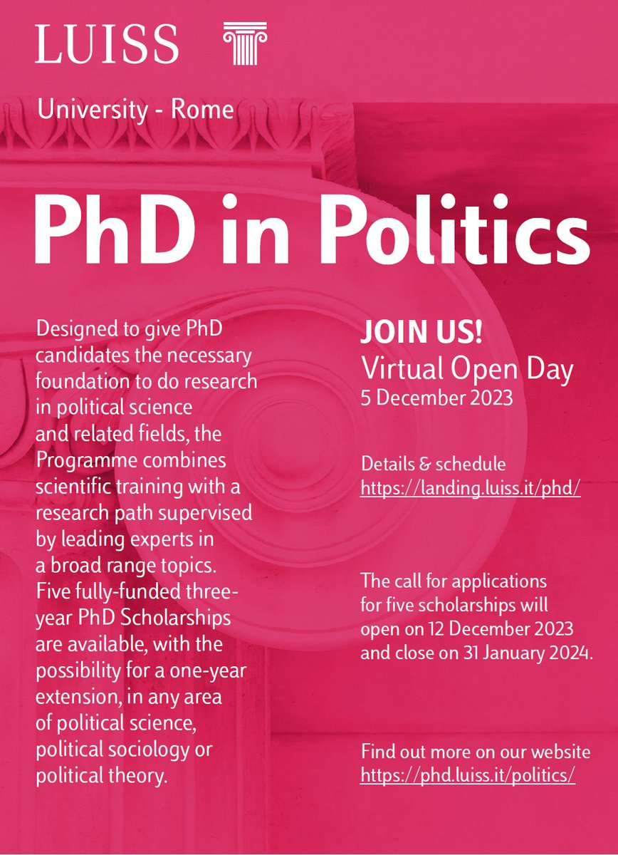 Vinceman86's tweet photo. Are you considering applying to the PhD Programme in Politics at Luiss University? Join us online on Tuesday 5 December for a Virtual Open Day to learn more about the opportunities we offer and to meet potential supervisors! @UniLUISS https://t.co/J5MC8nEeCT