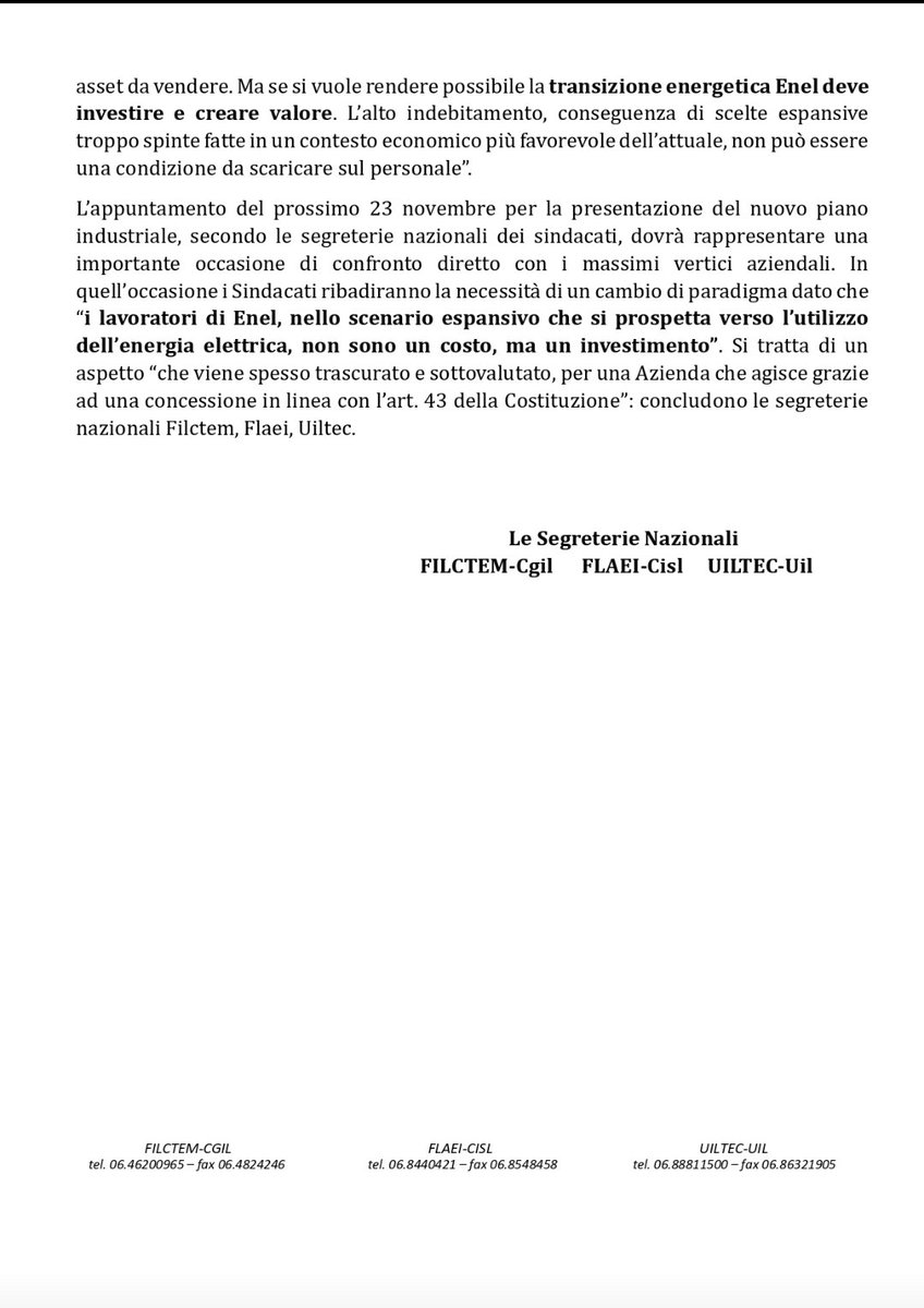 #Comunicato

Per l' #Enel i lavoratori sono solo un costo!!!

<a href="/filctemcgil/">Filctem Nazionale</a> <a href="/cgilnazionale/">CGIL Nazionale</a> <a href="/CGILVenezia/">CGIL VENEZIA</a>

#Duriibanchi

💪🟥