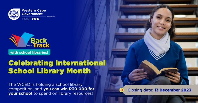 WCEDnews's tweet photo. 📚The WCED is holding a school library competition. Learners can R30 000 for their school to spend on library resources! Read here 👉https://t.co/k03jcJvR8O. https://t.co/YMf7SuEw8u