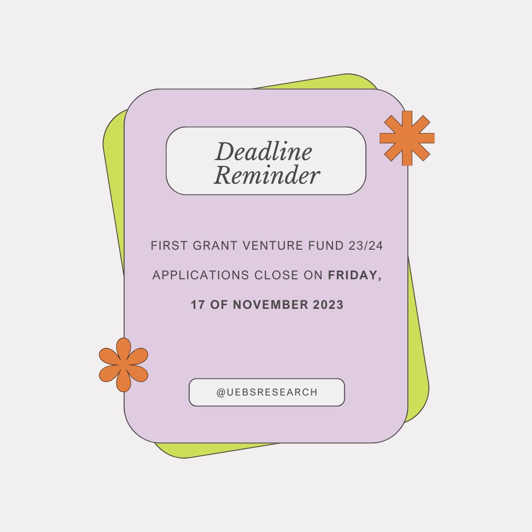 UEBS Research (@uebsresearch) on Twitter photo #Deadline #UEBSresearchers <a href="/uoebusiness/">University of Edinburgh Business School</a> "First Grant Venture Fund 2023/2024" deadline coming up on Friday, 17th of November, that is two days!
Email us if you have any questions! #Deadline #UEBSresearchers <a href="/uoebusiness/">University of Edinburgh Business School</a> "First Grant Venture Fund 2023/2024" deadline coming up on Friday, 17th of November, that is two days!
Email us if you have any questions!
