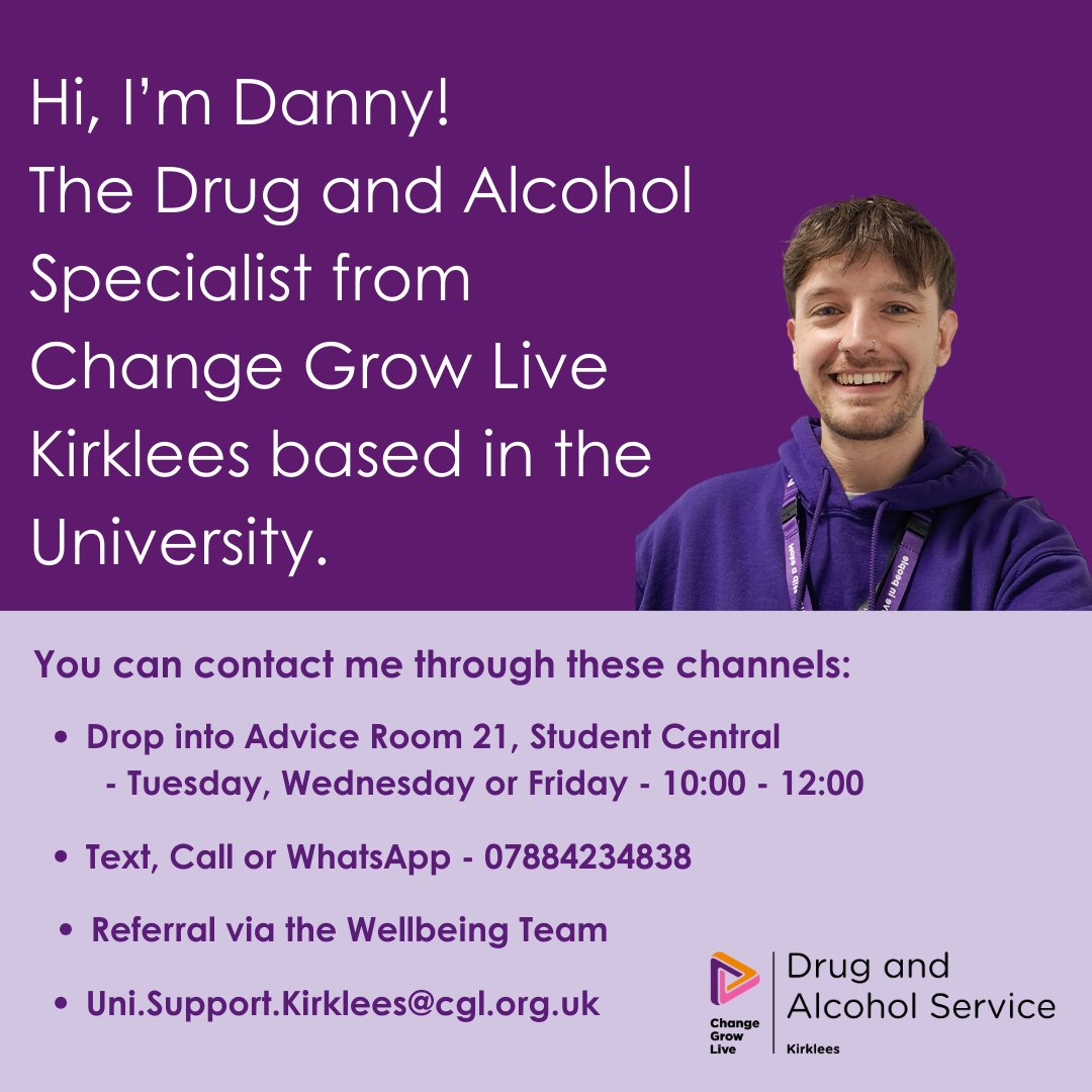 CGLKirklees's tweet photo. Change Grow Live are a national healthcare charity, completely separate from the University, offering free and confidential support and advice around drug and alcohol use to individuals, friends or relatives. https://t.co/0yLK7ts1AS