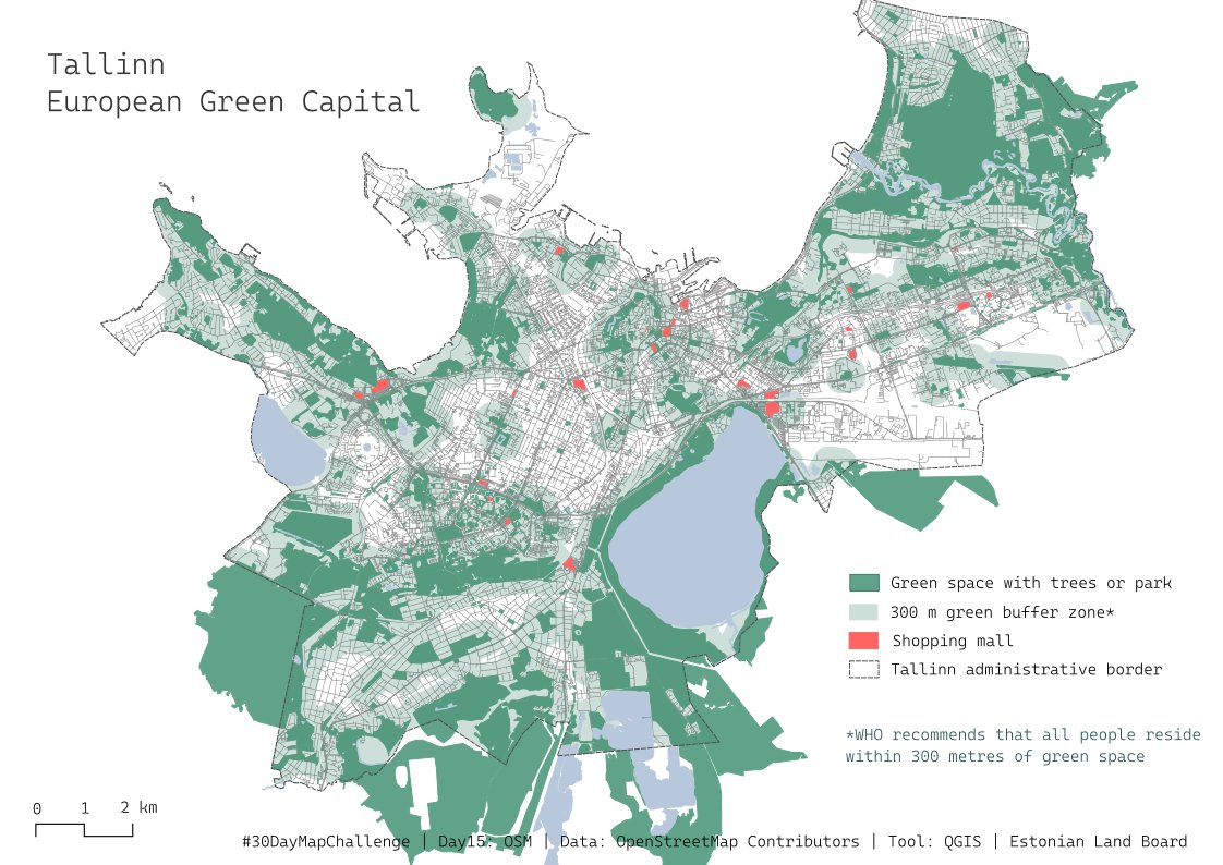 #30DayMapChallenge Day 15 category: OpenStreetMap WHO recommends that people live within 300 m of green space. The map shows parks in Tallinn and their buffer areas.