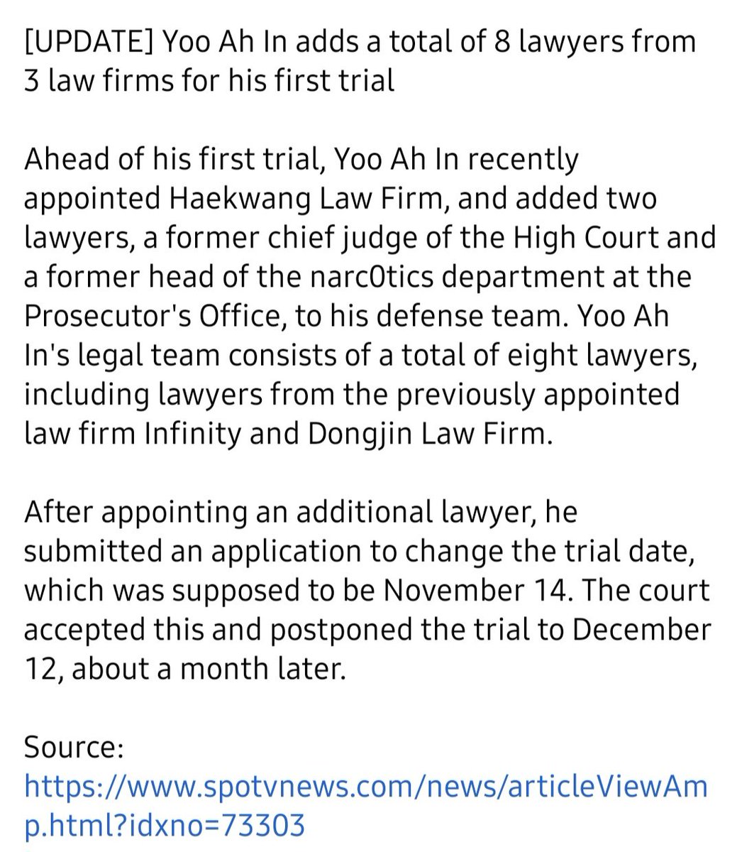 SIKseekers's tweet photo. [UPDATE] Yoo Ah In adds a total of 8 lawyers from 3 law firms for his first trial in December. https://t.co/HaWEYH9szs