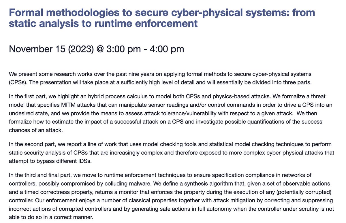 ErisaKarafili's tweet photo. Today at @fmsec_network @UKSPSeminars  we have an exciting talk from Massimo Merro @UniVerona about Formal Methodologies to secure CPS. See you at 3.00pm. 

Info below: https://t.co/zfLDuM9msv https://t.co/UMKzNhPWsV
