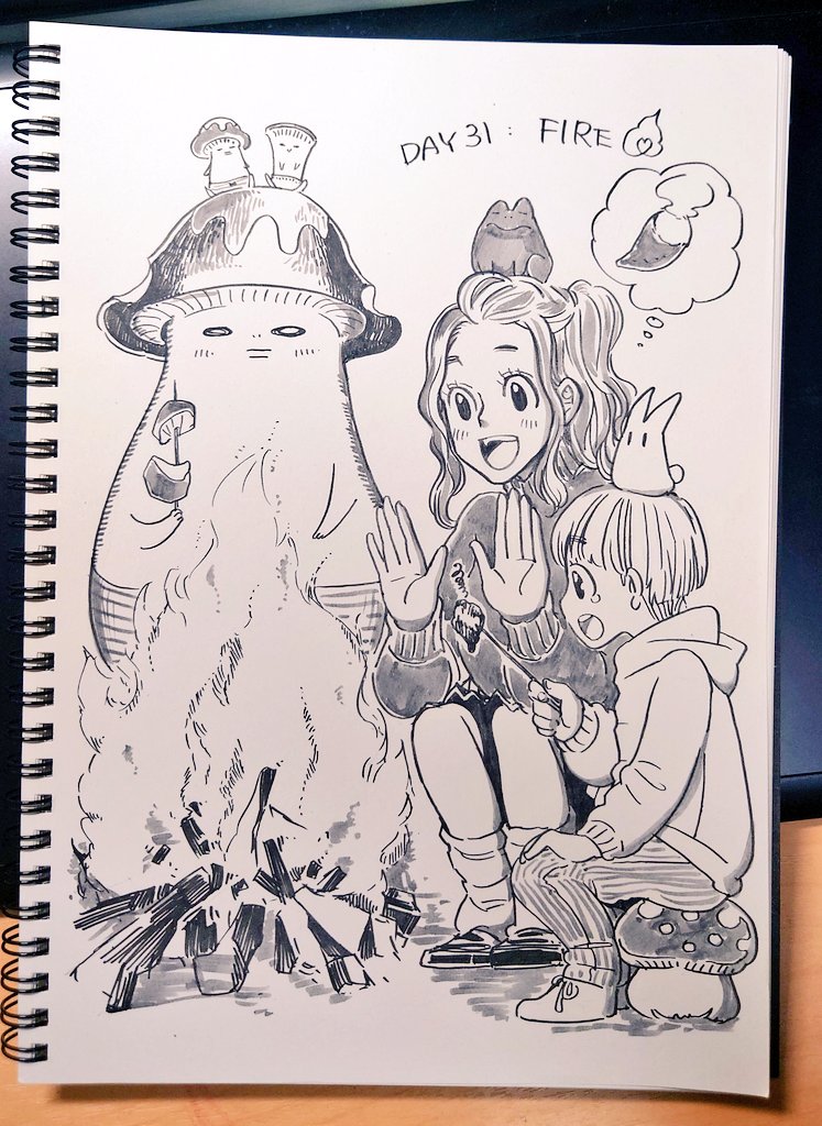 #inktober2023 #インクトーバー DAY31:FIRE すみません、なんと半月寝かしてしまった、最終日…! 今年のインクトーバーで生まれたキャラ、みんなで焚き火🔥 焼き芋食べたい🍠  見てくださった皆さんありがとうございました。アナログお絵かき楽しかった。ノートの続きがあるので、たまに描こうかな。