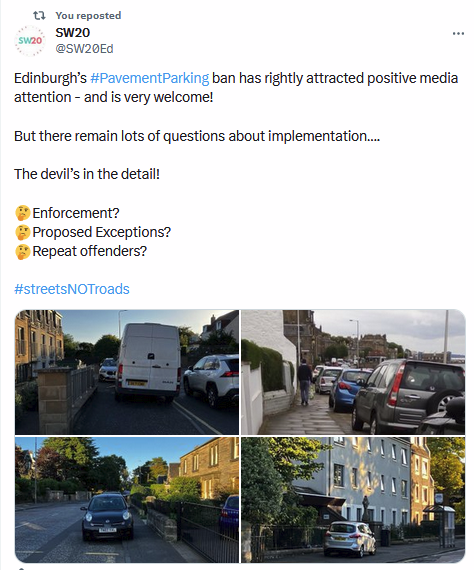 SpokesLothian's tweet photo. @SW20Ed @CllrScottArthur @TransformScot @julebandel @kevin_lang @SanneDD @DAstonSNP @LivingStreetsEd @EdinburghBUG @FinlayMcF #PavementParking #DoubleParking #DropKerb
As we understand it, the ban from 11 Dec is *Scotland-wide*
πBUT @Edinburgh_CC is first council to attempt enforcement strategy (not easy!)
1.https://t.co/8RCiqg3lOx
2.https://t.co/Zb1ScaBGIP
3.https://t.co/82vg0i4JwD
@KayleighFONeill https://t.co/6UNAK8S42b