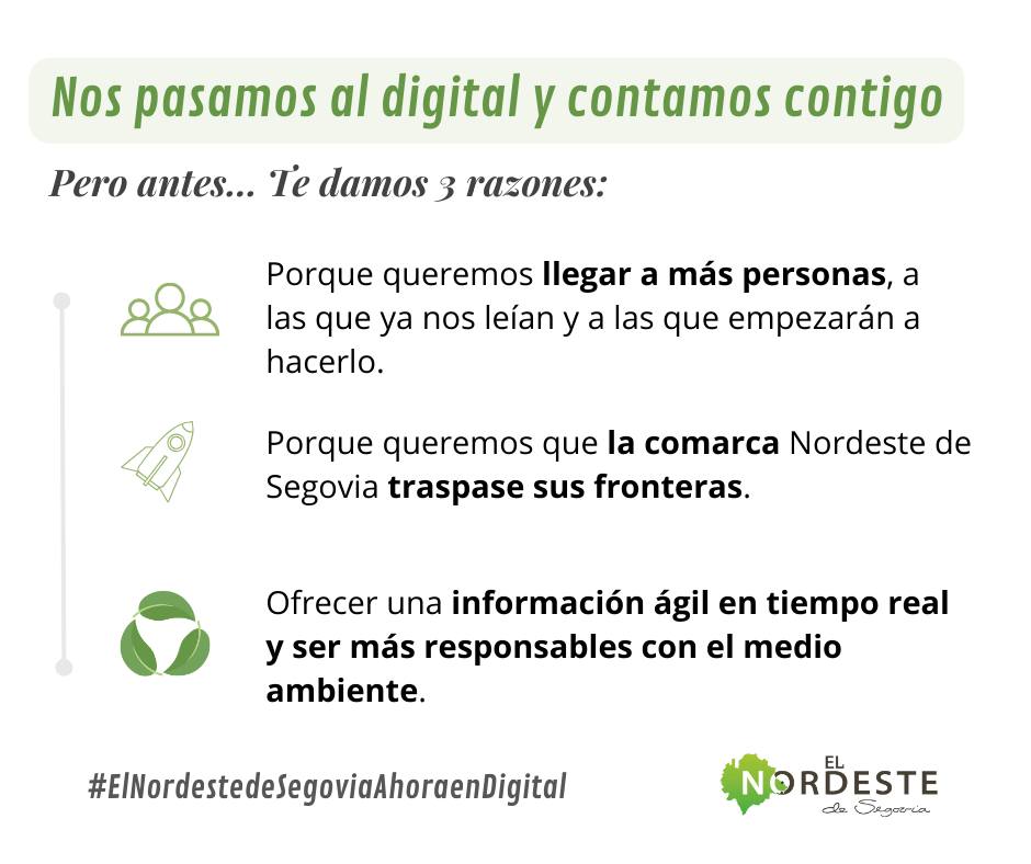 La nueva versión digital del periódico de nuestra #ComarcaNordesteDeSegovia se lanzará hoy, 15 de noviembre, y convivirá con el soporte en papel hasta su última edición en marzo de 2024. Afrontamos esta nueva etapa con ilusión. #ElNordestedeSegoviaAhoraenDigital