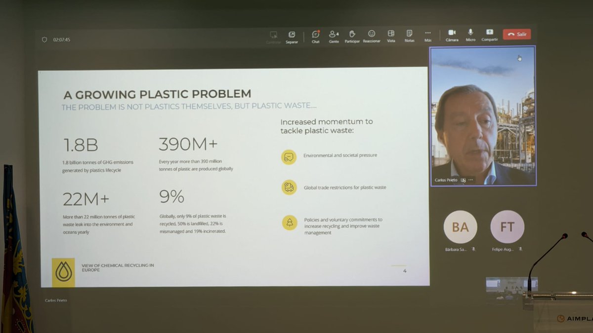 aimplas's tweet photo. @EU_Commission Turno ahora de Carlos Prieto, de @plasticenergy, que también interviene de forma telemática.

Nos expone la ponencia "Visión del reciclado químico en Europa: retos y oportunidades".

#PLASREC https://t.co/3l8HrzQJ3I
