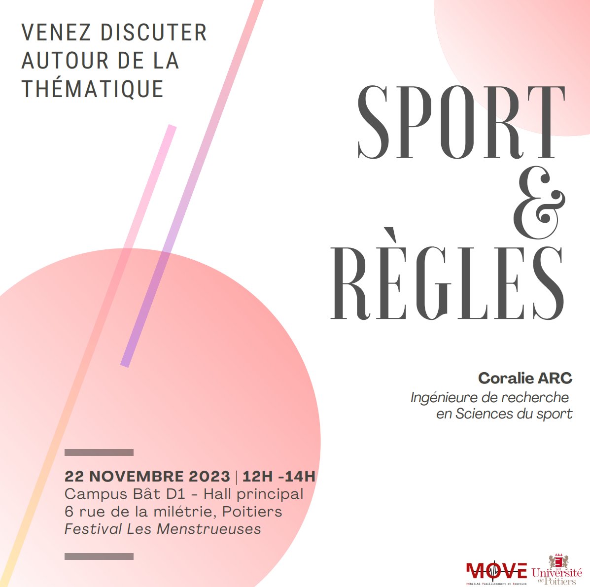 Festival @LesMenstrueuses Sport et Règles par @ArcCoralie 📅 22 novembre 2023 🕛 12:00 - 14:00 📍 6 rue de la milétrie, Poitiers Est-ce normal de ne plus avoir ses règles quand on est sportive ? Qu'est-ce que le syndrome RED-S ? Comment gérer ses règles à l'entrainement ?