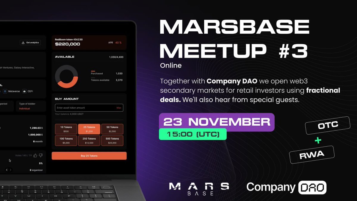 Marsbase x <a href="/company_dao/">Company DAO</a> . SPV fractional deals
(Meetup #3)

Join us for our third Marsbase meetup in collaboration with our strategic partner, Сompany DAO, specializing in tokenization. We'll be show our innovative direction in security fractional deals.

This groundbreaking