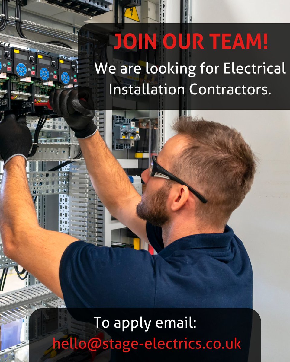 stage_electrics's tweet photo. We are on the hunt for Electrical installation contractors to join our team of sub-contractors 🔍

Let's make performance possible together! 💪
Reach out to us at hello@stage-electrics.co.uk and be part of something extraordinary.

#StageElectrics #wemakeperformancepossible https://t.co/YyyPEPKaIC