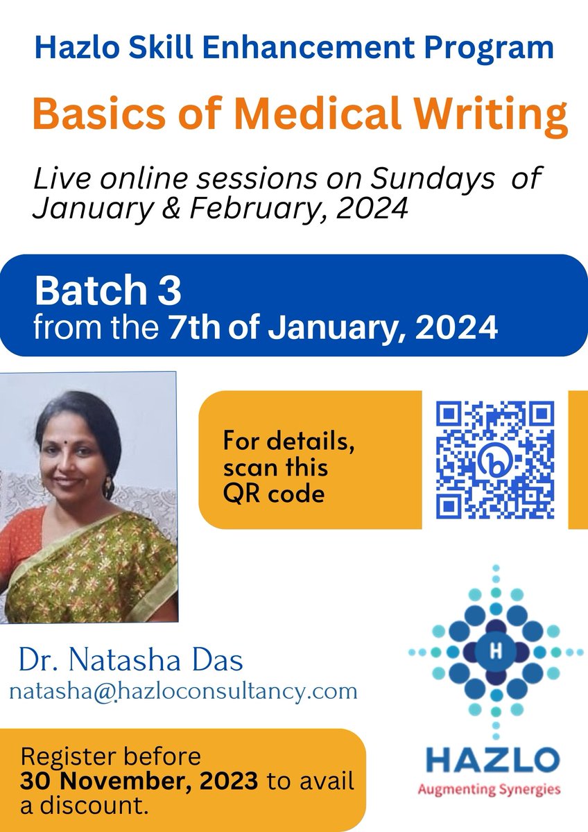 #Batch3 enrolment is open- #HazloSEP 7 wk online course on "BASICS OF MEDICAL WRITING". Grab #discount while it lasts .   bit.ly/HSEP_BMW_Batch3

#medicalwriting #medicalwriter #medicalcommunication #sciencewriting #hazloconsultancy #skillenhancementprogram #onlinetraining