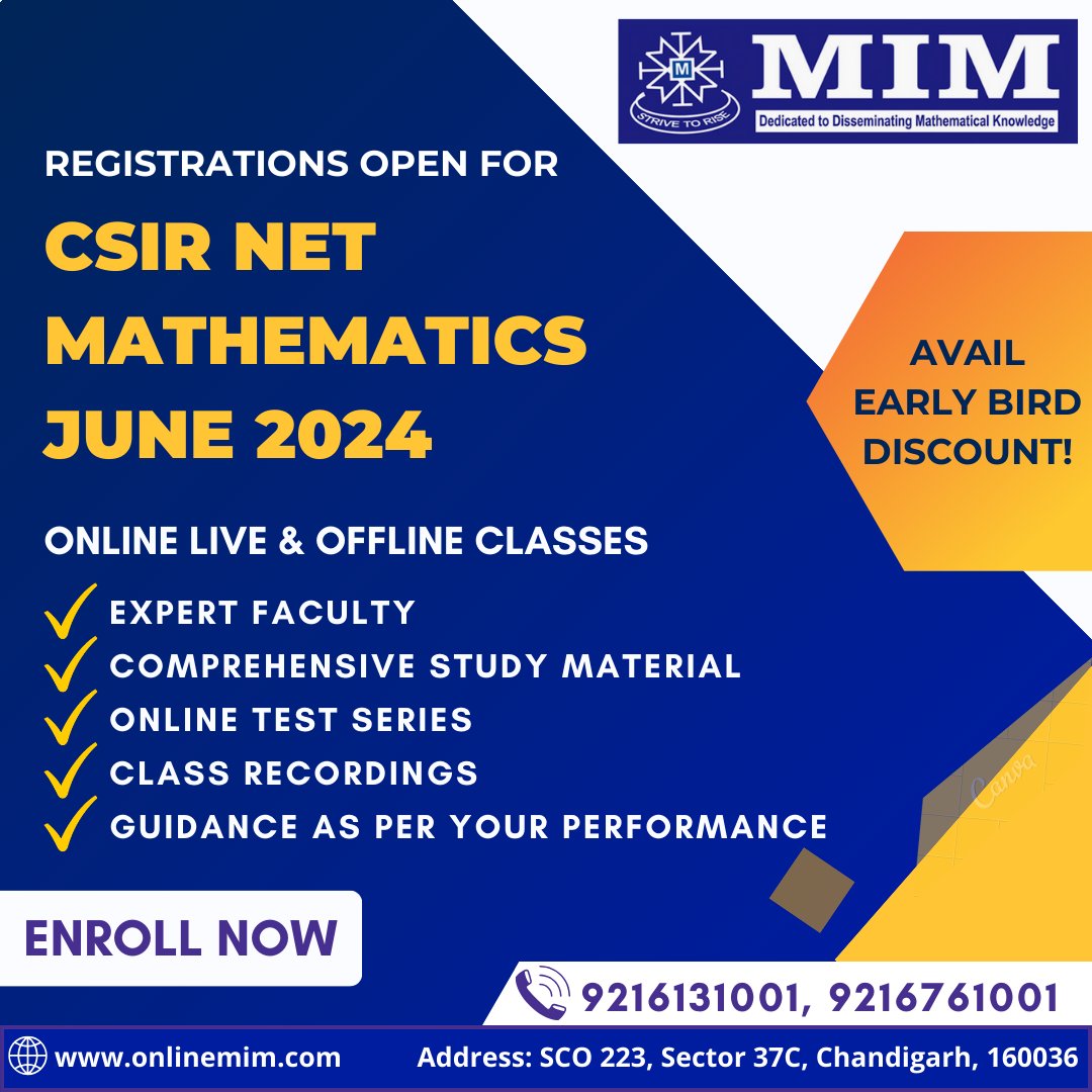 mim_maths's tweet image. New batch for students to preparing for CSIR NET Mathematics June 2024🚀 Fill up the form forms.gle/NEP8V96d34DWaj… to book your Demo Class

#csirnetmathematics #csir #offlinecoaching #onlinecoaching  #mimacademy #mohaninstituteofmathematics #chandigarh #panchkula #haryana #maths