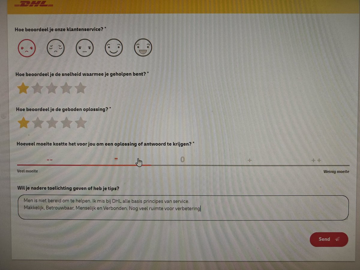 Maakt #DHL @DHLNL  een pakket zoek. Ben je bijna een uur bezig via de chat waarbij Dhl alleen bezig is om niks te hoeven doen. Vraag je hoe je een klacht kan indienen. Wordt de verbinding verbroken en krijg je deze vraag.
#slechteservive #klachtnl