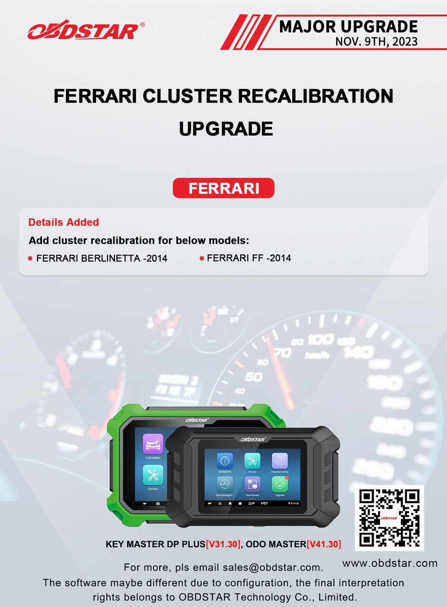ObdstarTec's tweet photo. #OBDSTAR #AUTOMOBILE #SoftwareUpgrade
RENAULT CLUSTER RECALIBRATION UPGRADE
FERRARI CLUSTER RECALIBRATION UPGRADE
WULING CLUSTER RECALIBRATION UPGRADE【V30.01】
WULING CLUSTER RECALIBRATION UPGRADE【V40.02】

#Cluster #Calibration #odomaster #KeyMasterDPPlus #RENAULT #FERRARI https://t.co/bMTyXHMQic