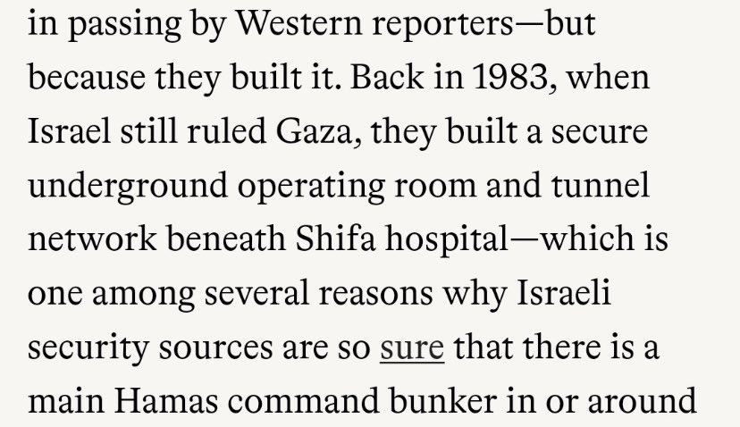 comrade_kumar_'s tweet photo. Israel are going room by room in Shifa Hospital shooting at patients and lining up doctors to coerce statements. Israel will likely release images of an underground bunker and tunnel. These have nothing to do with Hamas, Israel built them in 1983.

This is a 2014 Tablet article: https://t.co/gTJdnaEBZP
